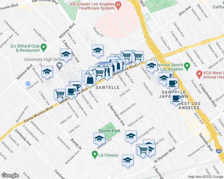 map of restaurants, bars, coffee shops, grocery stores, and more near 1606 Barry Avenue in Los Angeles