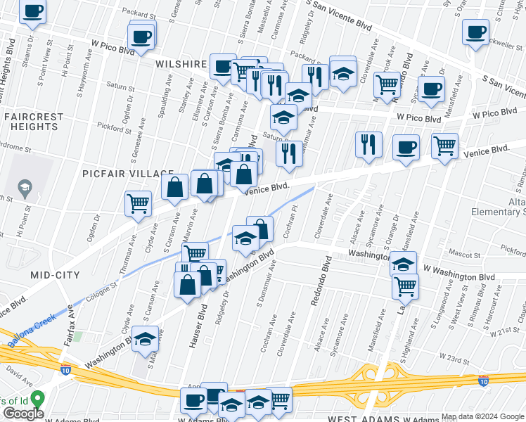 map of restaurants, bars, coffee shops, grocery stores, and more near 1807 South Burnside Avenue in Los Angeles