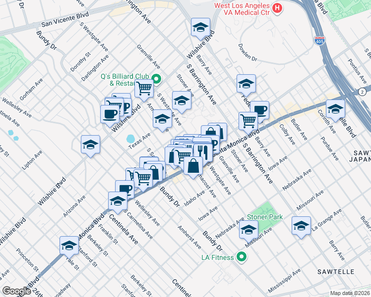 map of restaurants, bars, coffee shops, grocery stores, and more near 1451 Armacost Avenue in Los Angeles