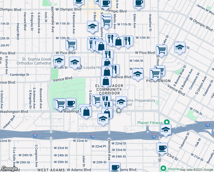 map of restaurants, bars, coffee shops, grocery stores, and more near 1637 South Vermont Avenue in Los Angeles