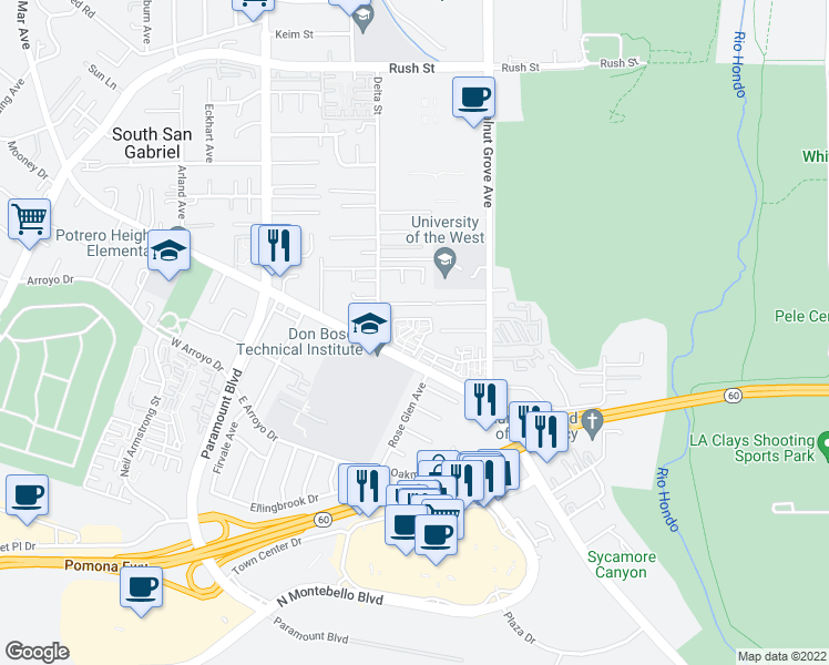 map of restaurants, bars, coffee shops, grocery stores, and more near 8487 East Village Lane in Rosemead