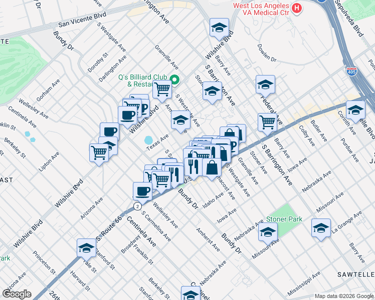 map of restaurants, bars, coffee shops, grocery stores, and more near 1427 Brockton Avenue in Los Angeles
