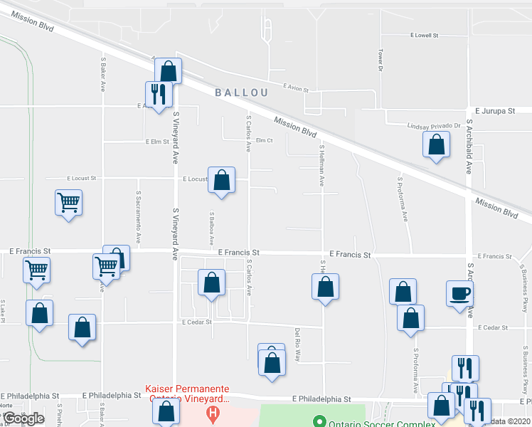 map of restaurants, bars, coffee shops, grocery stores, and more near 1651 South Carlos Avenue in Ontario