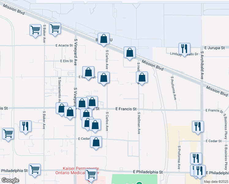 map of restaurants, bars, coffee shops, grocery stores, and more near 1651 South Carlos Avenue in Ontario