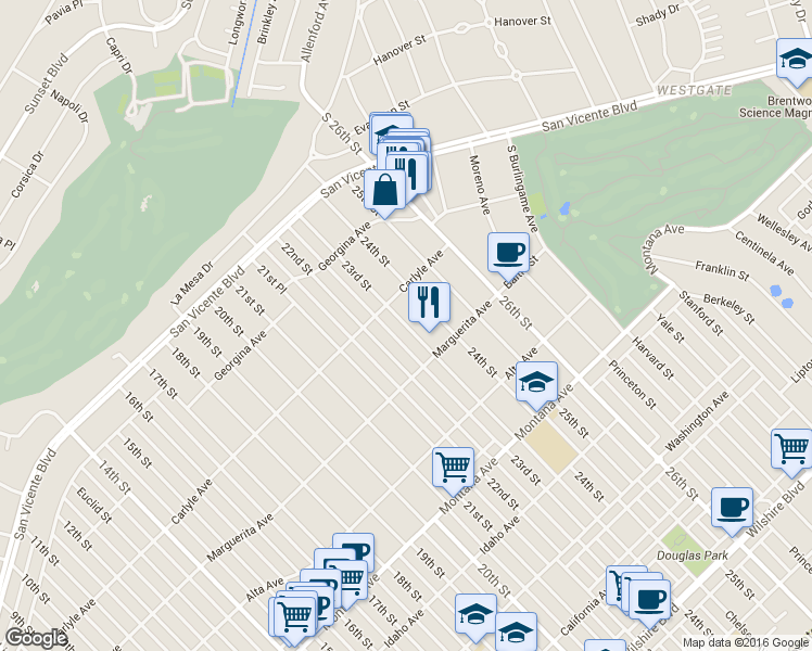 map of restaurants, bars, coffee shops, grocery stores, and more near 23rd Street in Santa Monica