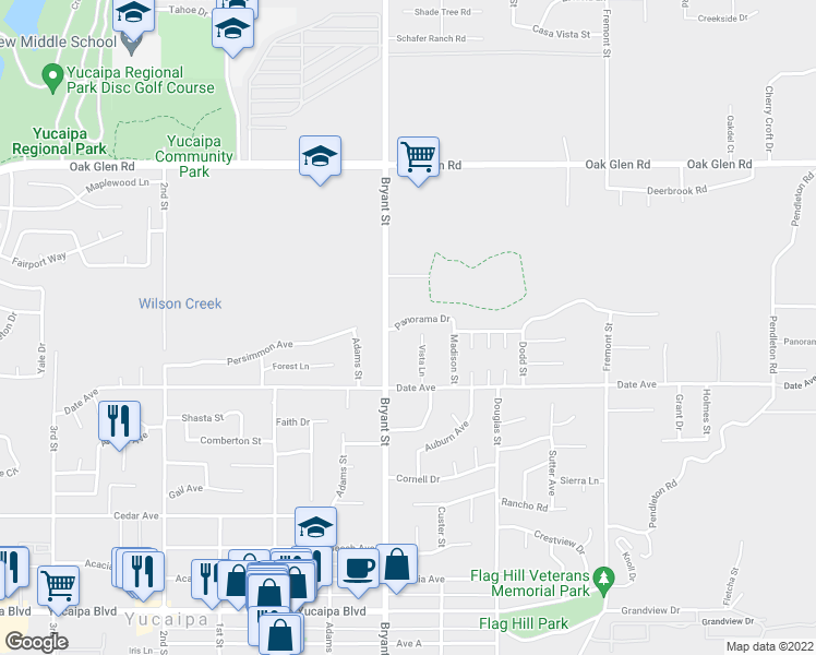 map of restaurants, bars, coffee shops, grocery stores, and more near 35345 Panorama Drive in Yucaipa
