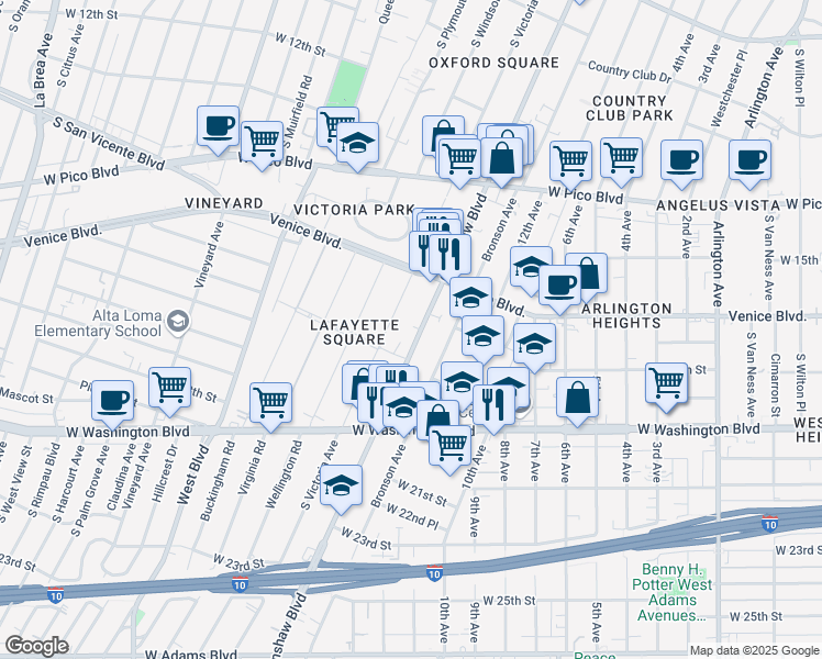map of restaurants, bars, coffee shops, grocery stores, and more near 1717 Crenshaw Boulevard in Los Angeles