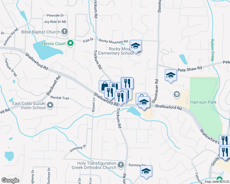map of restaurants, bars, coffee shops, grocery stores, and more near 3750 Trickum Road in Marietta