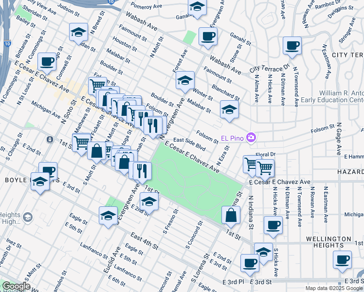 map of restaurants, bars, coffee shops, grocery stores, and more near 3107 East Cesar E Chavez Avenue in Los Angeles