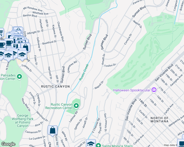 map of restaurants, bars, coffee shops, grocery stores, and more near 762 Latimer Road in Santa Monica
