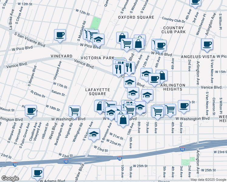 map of restaurants, bars, coffee shops, grocery stores, and more near 1717 Crenshaw Boulevard in Los Angeles