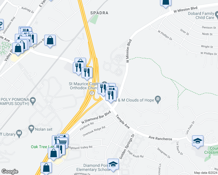 map of restaurants, bars, coffee shops, grocery stores, and more near 3507 Legato Court in Pomona