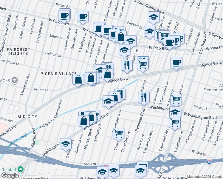map of restaurants, bars, coffee shops, grocery stores, and more near 1630 South Ridgeley Drive in Los Angeles