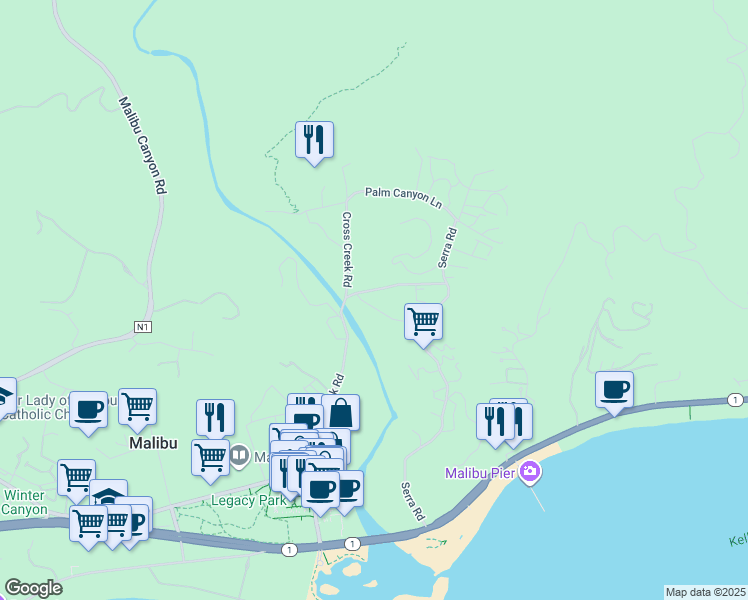map of restaurants, bars, coffee shops, grocery stores, and more near 3510 Cross Creek Lane in Malibu