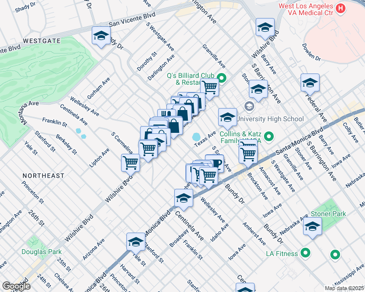 map of restaurants, bars, coffee shops, grocery stores, and more near 1231 South Bundy Drive in Los Angeles