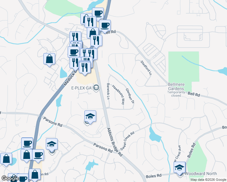 map of restaurants, bars, coffee shops, grocery stores, and more near 415 Leasingham Way in Duluth