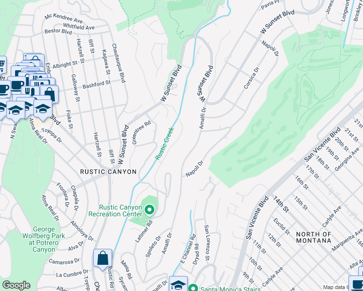 map of restaurants, bars, coffee shops, grocery stores, and more near 762 Latimer Road in Santa Monica