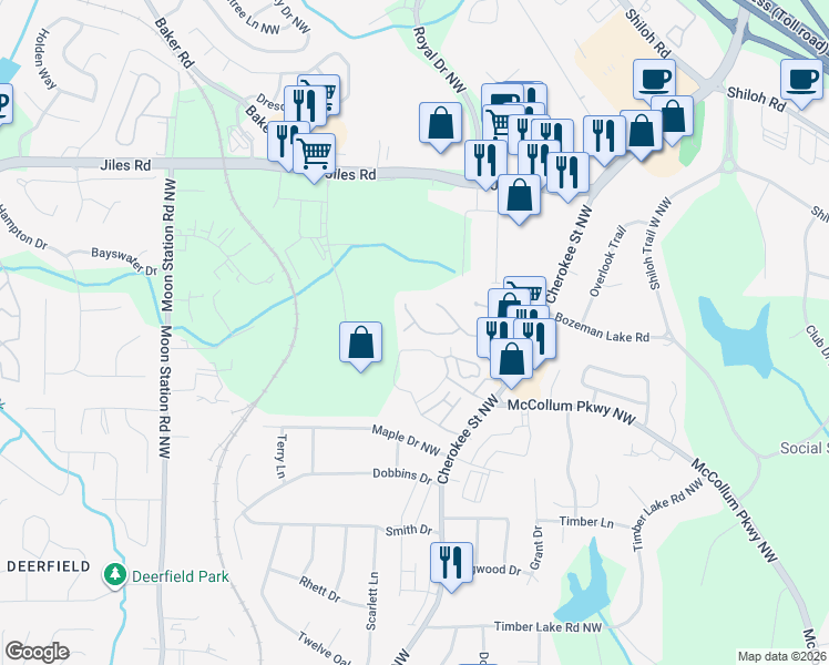 map of restaurants, bars, coffee shops, grocery stores, and more near 1502 Shiloh Place in Kennesaw