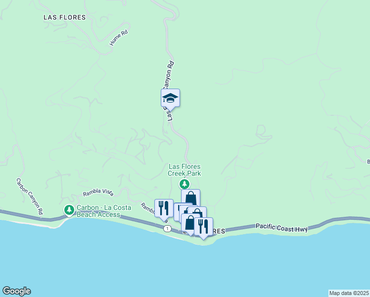 map of restaurants, bars, coffee shops, grocery stores, and more near 3625 Las Flores Canyon Road in Malibu