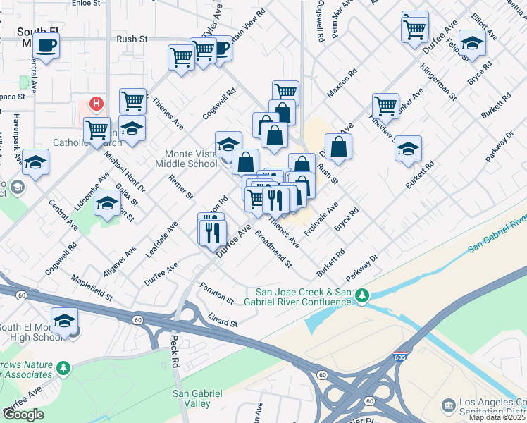 map of restaurants, bars, coffee shops, grocery stores, and more near Durfee Ave & Thienes Ave in South El Monte