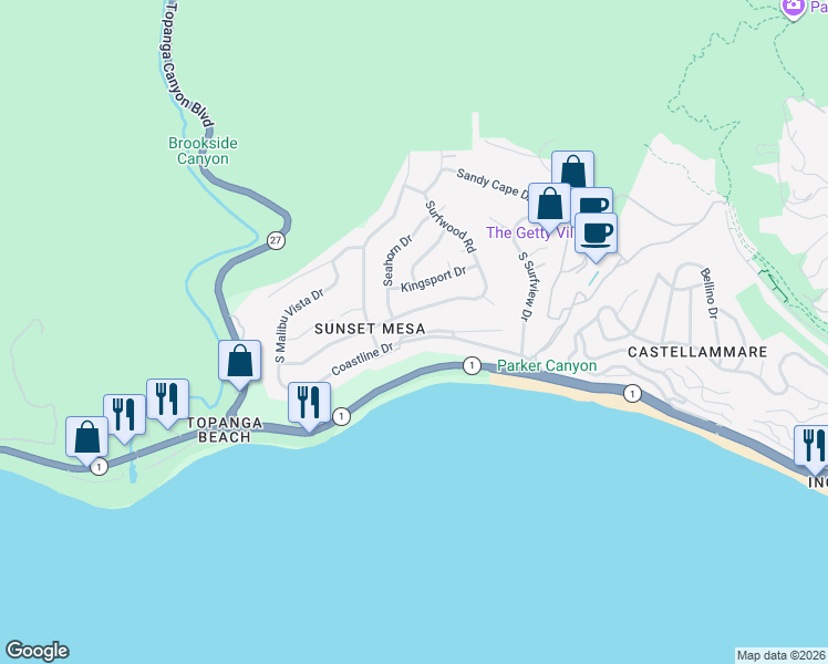 map of restaurants, bars, coffee shops, grocery stores, and more near 18216 Coastline Drive in Malibu