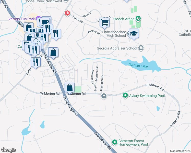 map of restaurants, bars, coffee shops, grocery stores, and more near 10750 Mortons Circle in Alpharetta