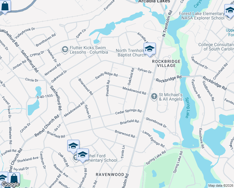 map of restaurants, bars, coffee shops, grocery stores, and more near 4524 Mosshill Road in Columbia