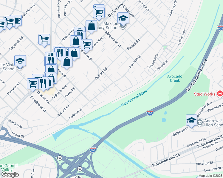 map of restaurants, bars, coffee shops, grocery stores, and more near 2142 Parkway Drive in El Monte