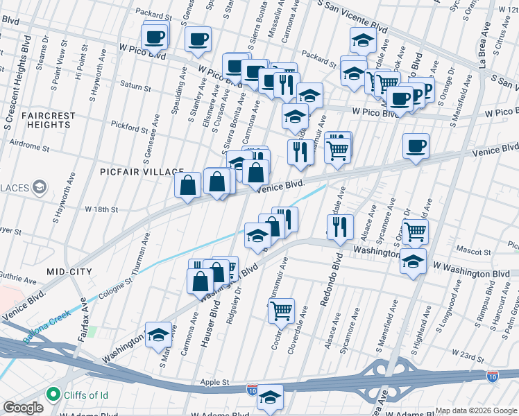map of restaurants, bars, coffee shops, grocery stores, and more near 1629 Ridgeley Drive in Los Angeles