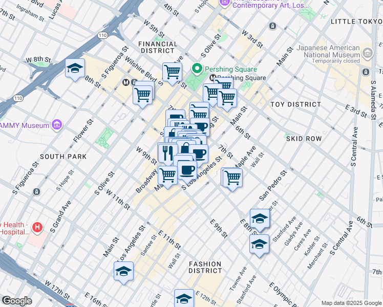 map of restaurants, bars, coffee shops, grocery stores, and more near 756 South Spring Street in Los Angeles