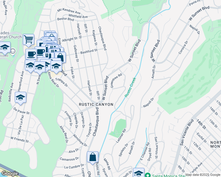 map of restaurants, bars, coffee shops, grocery stores, and more near 801 Greentree Road in Los Angeles