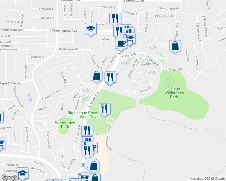 map of restaurants, bars, coffee shops, grocery stores, and more near 1828 Scenic View Circle in West Covina