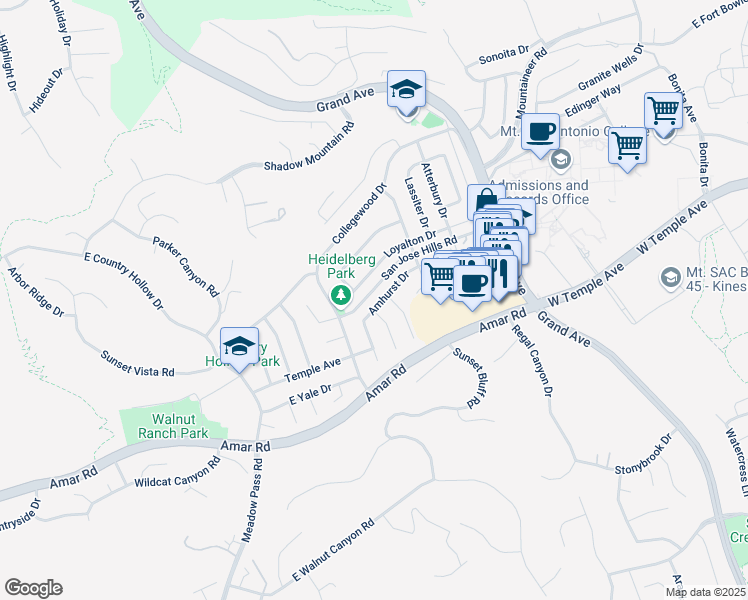 map of restaurants, bars, coffee shops, grocery stores, and more near 20429 East Amhurst Drive in Walnut