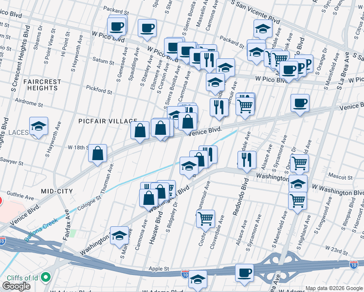 map of restaurants, bars, coffee shops, grocery stores, and more near 1732 Hauser Boulevard in Los Angeles