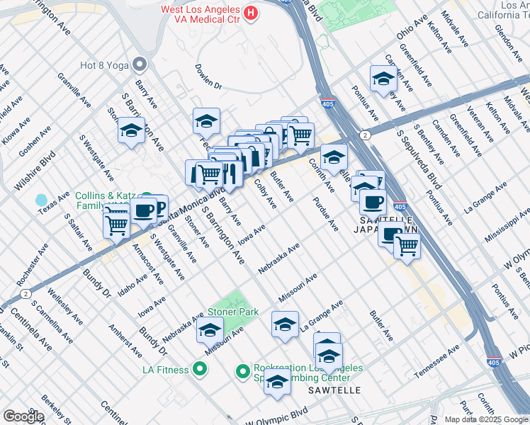 map of restaurants, bars, coffee shops, grocery stores, and more near 11578 Iowa Avenue in Los Angeles