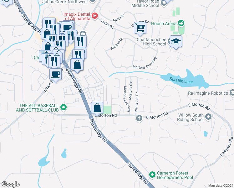 map of restaurants, bars, coffee shops, grocery stores, and more near 10750 Morton Chase Way in Alpharetta