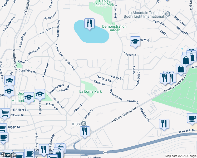 map of restaurants, bars, coffee shops, grocery stores, and more near 592 Taylor Drive in Monterey Park