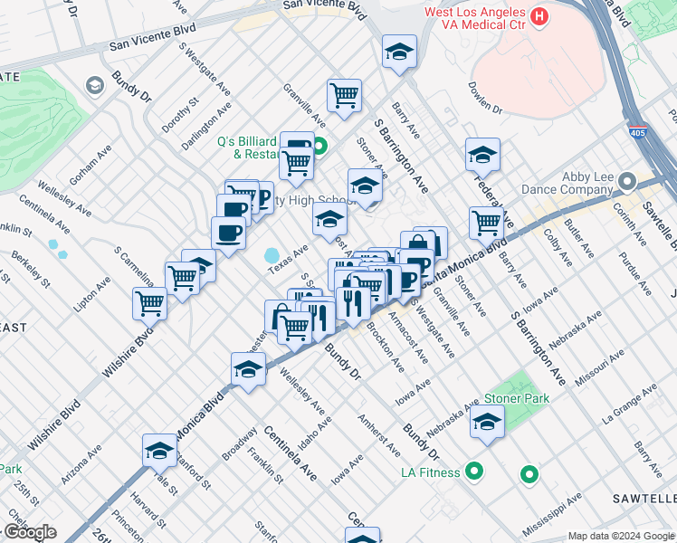 map of restaurants, bars, coffee shops, grocery stores, and more near 1408 Brockton Avenue in Los Angeles