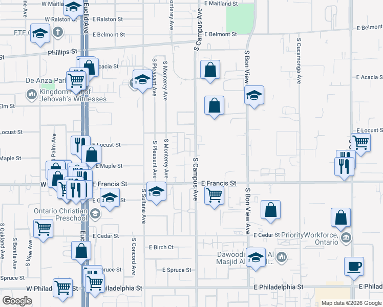map of restaurants, bars, coffee shops, grocery stores, and more near 1716 South Campus Avenue in Ontario