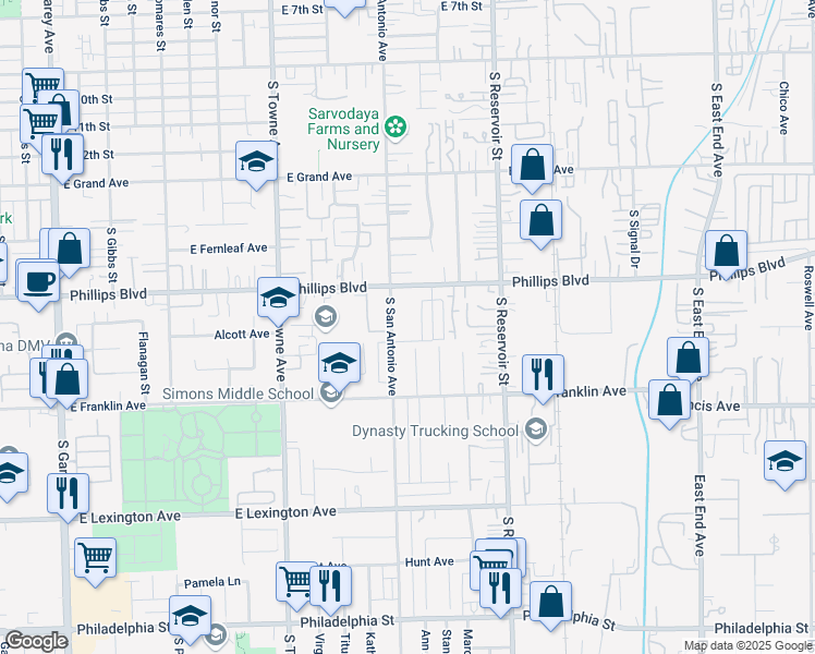 map of restaurants, bars, coffee shops, grocery stores, and more near 1602 South San Antonio Avenue in Pomona