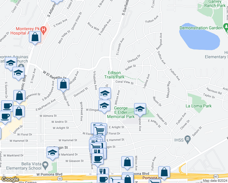 map of restaurants, bars, coffee shops, grocery stores, and more near 1889 Wilcox Avenue in Monterey Park