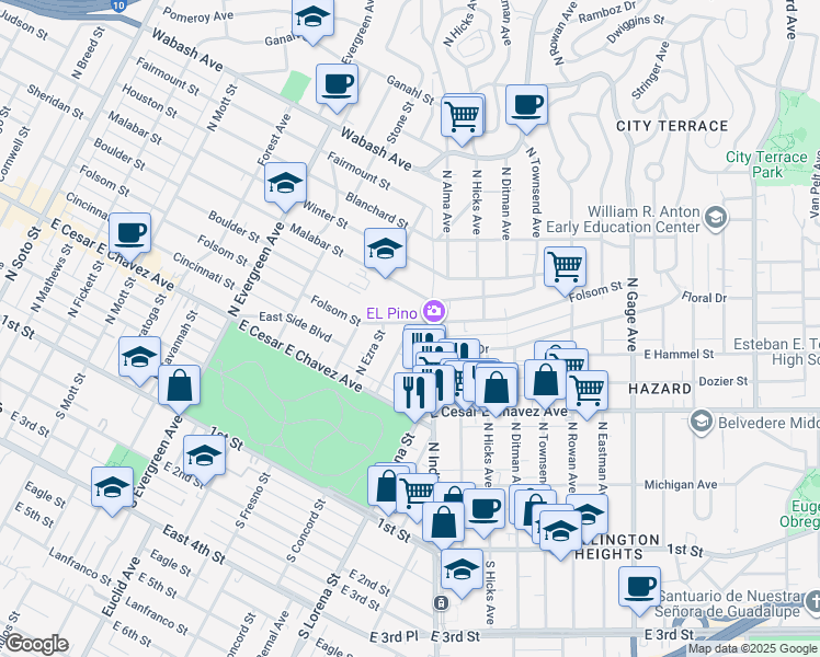 map of restaurants, bars, coffee shops, grocery stores, and more near 451 North Concord Street in Los Angeles
