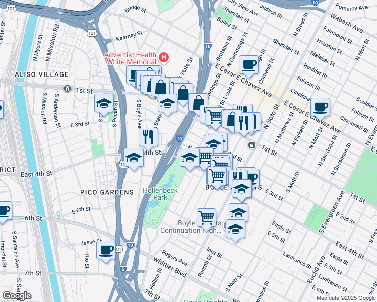 map of restaurants, bars, coffee shops, grocery stores, and more near 2107 East 4th Street in Los Angeles