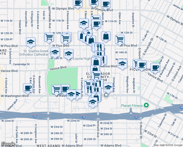 map of restaurants, bars, coffee shops, grocery stores, and more near 1712 South Berendo Street in Los Angeles