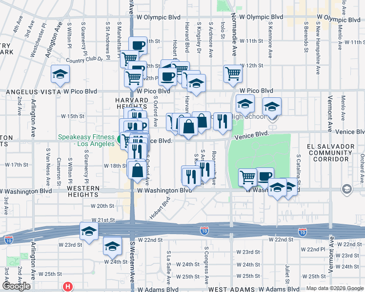 map of restaurants, bars, coffee shops, grocery stores, and more near 1706 South Hobart Boulevard in Los Angeles