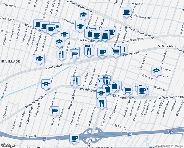 map of restaurants, bars, coffee shops, grocery stores, and more near 1824 South Sycamore Avenue in Los Angeles