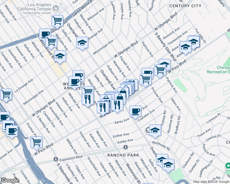 map of restaurants, bars, coffee shops, grocery stores, and more near 2365 Selby Avenue in Los Angeles