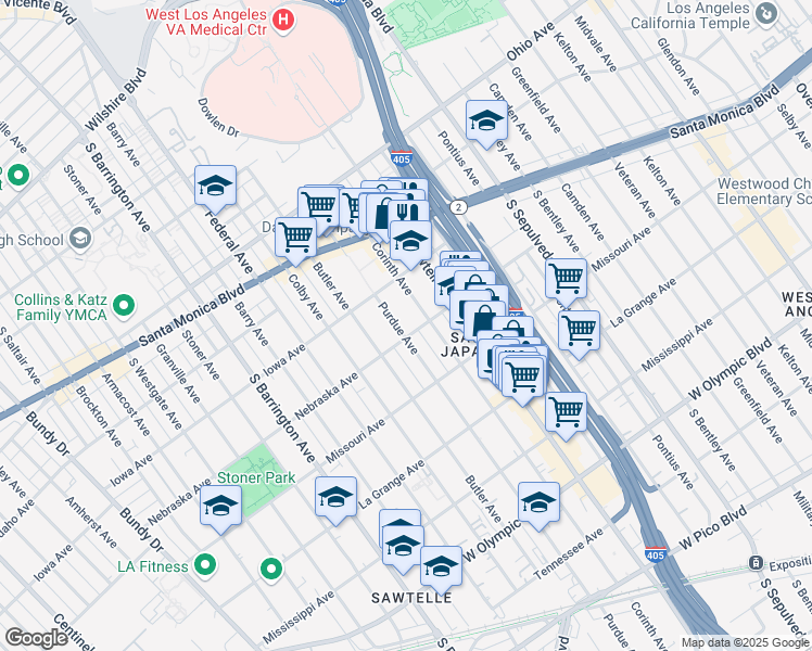 map of restaurants, bars, coffee shops, grocery stores, and more near 1816 Purdue Avenue in Los Angeles