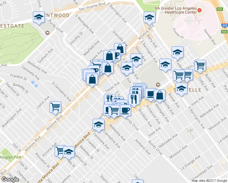 map of restaurants, bars, coffee shops, grocery stores, and more near 12000 Rochester Avenue in Los Angeles