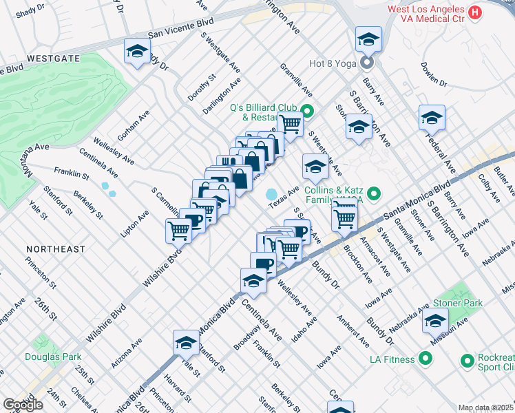 map of restaurants, bars, coffee shops, grocery stores, and more near 1250 Amherst Avenue in Los Angeles